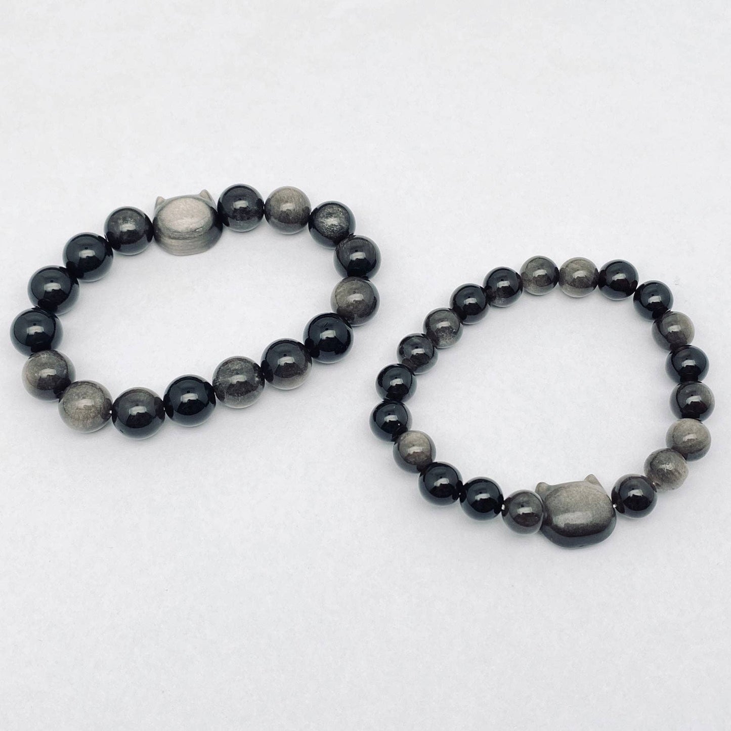 Silver Obsidian Beaded Cat Head Charm Elastic Bracelet - CS: 8mm