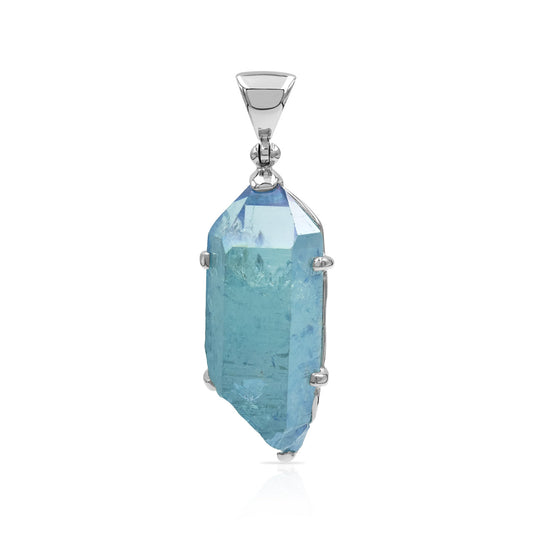 Starborn Aqua Aura Quartz Crystal Prong Set Pendant in Sterling Silver - Large