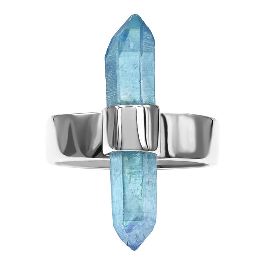 Starborn Aqua Aura Quartz Crystal with Silver Band Ring in Sterling Silver