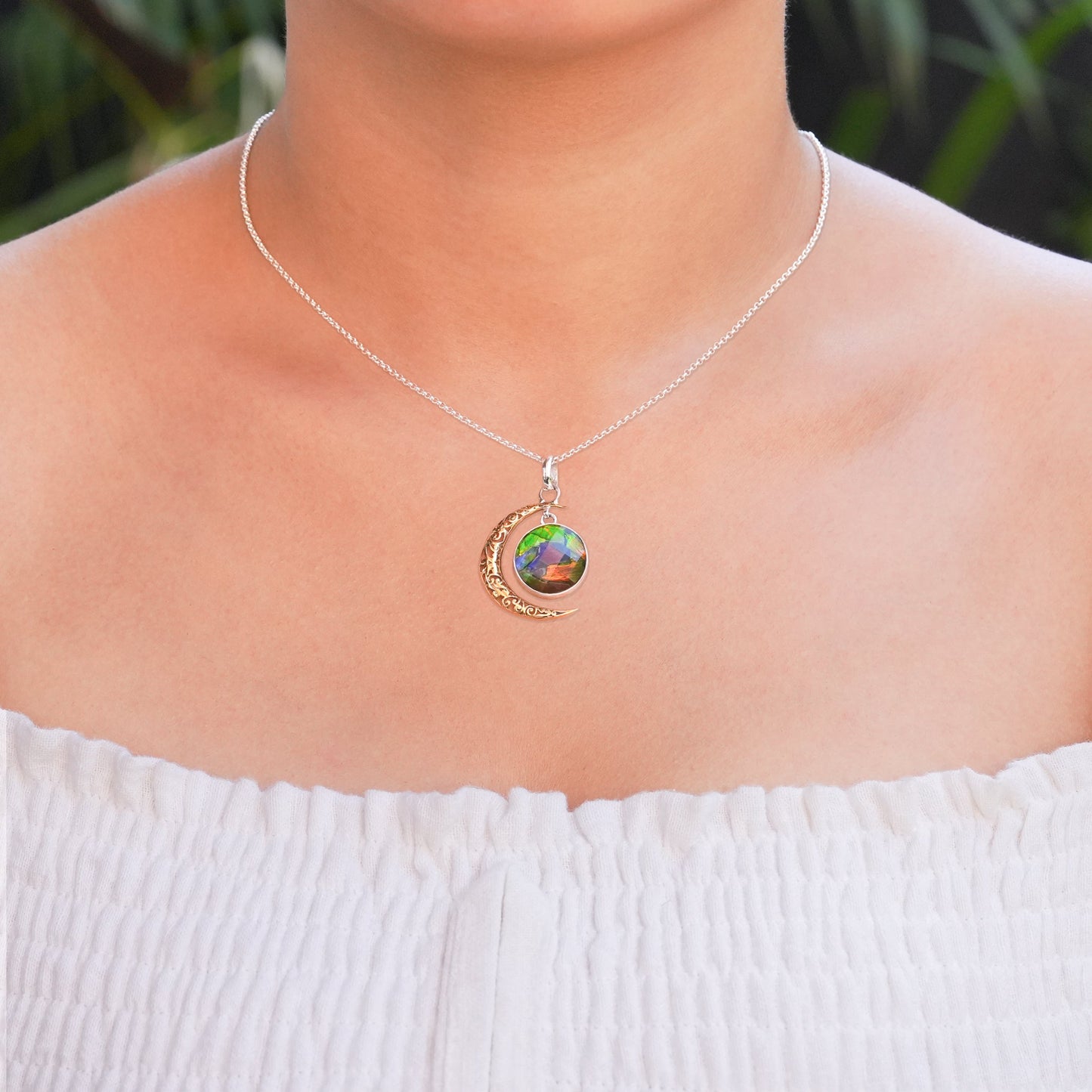 Starborn Faceted Ammolite Doublet with Crescent Moon Accent Pendant in Sterling Silver