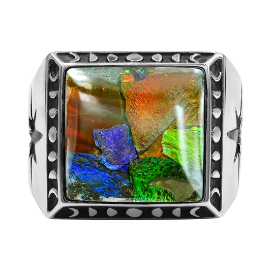 Starborn Ammolite Inlay Square Men's Ring with Octagram in Sterling Silver