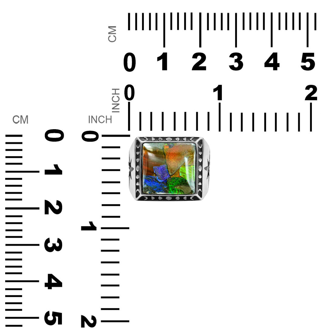 Starborn Ammolite Inlay Square Men's Ring with Octagram in Sterling Silver