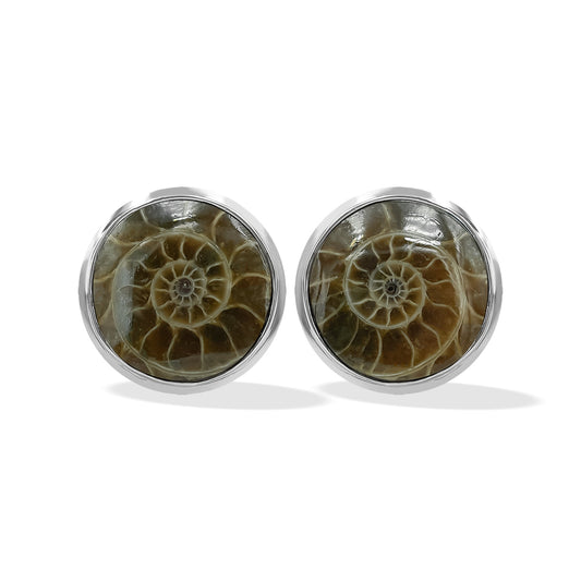 Starborn Fossilized Ammonite 8mm Round Post Style Earrings in Sterling Silver
