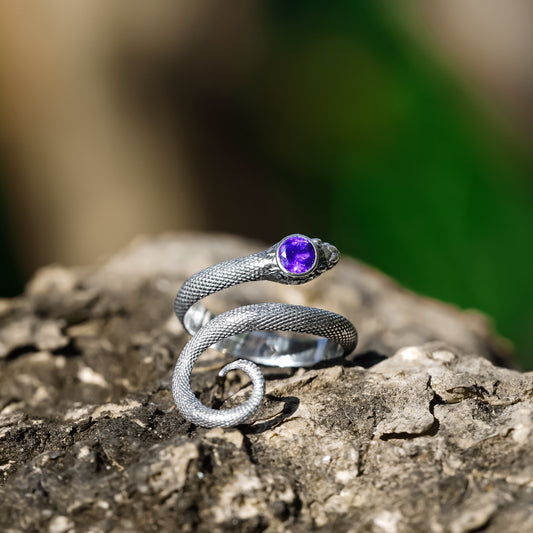 Starborn Coiled Snake Ring with Faceted Amethyst in Sterling Silver