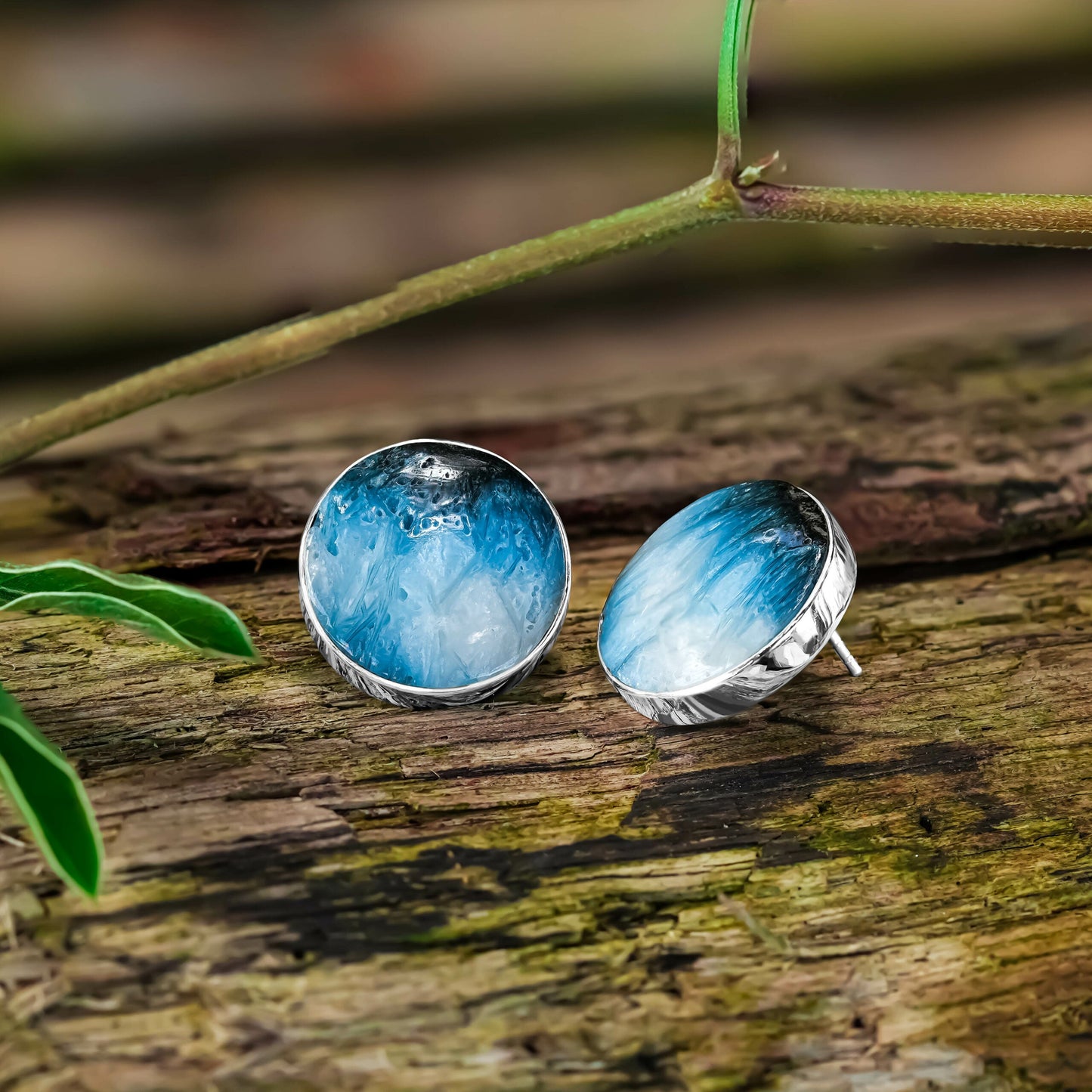 Starborn Blue Ice Glacierite Round Cabochon Post Style Earrings in Sterling Silver