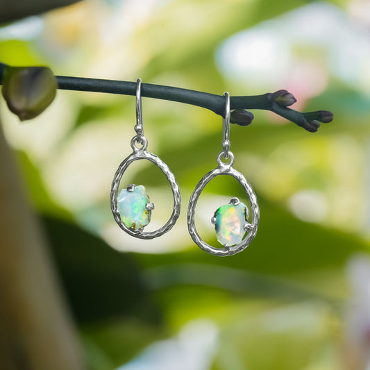 Starborn Raw Natural Ethiopian Opal Sterling Silver Hammered Hoop Earrings