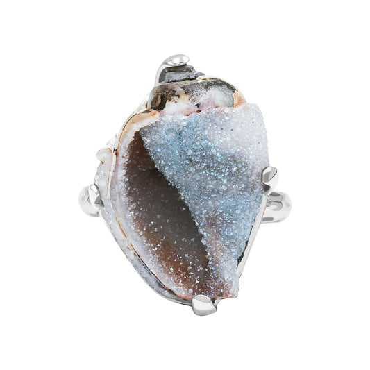 Starborn Drusy Fossilized Shell Prong Set Ring in Sterling Silver