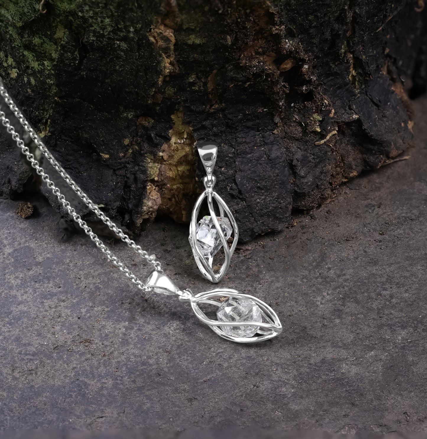 Starborn Herkimer Diamond Quartz Crystal Drop Caged Earrings in Sterling Silver
