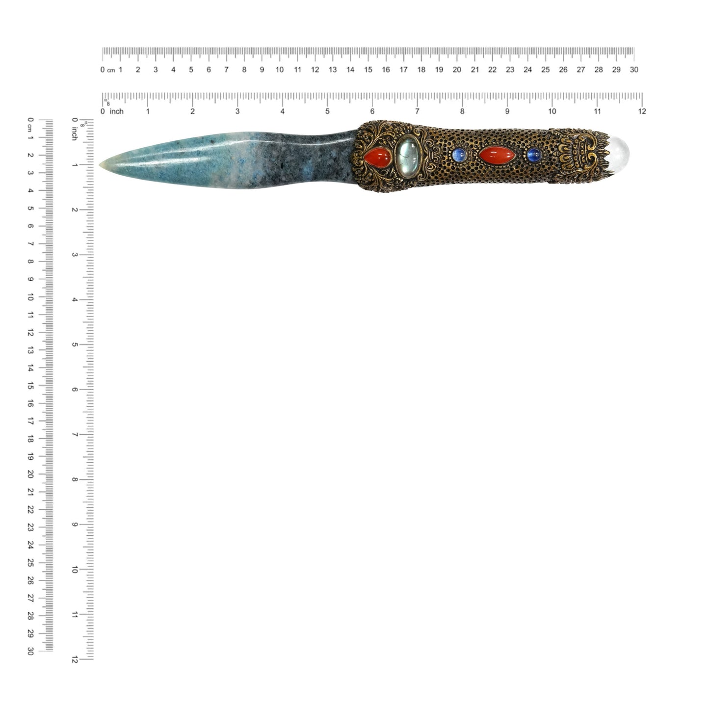 Starborn Troilite Decorative Wand with Aqua Aura Quartz and Carved Clay Handle