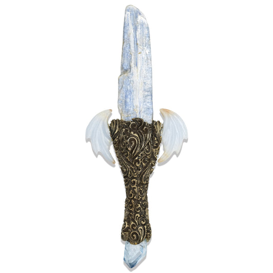 Starborn Decorative Kyanite Crystal Wand with Angelite Wings and Carved Clay Handle