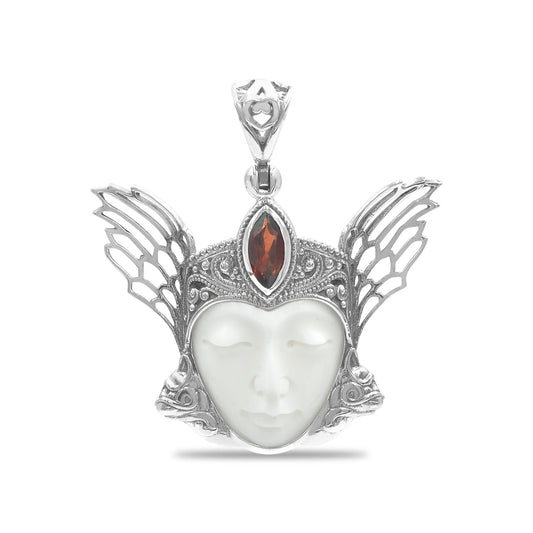 Starborn Carved Bone and Garnet Freya Mask Pendant in Sterling Silver