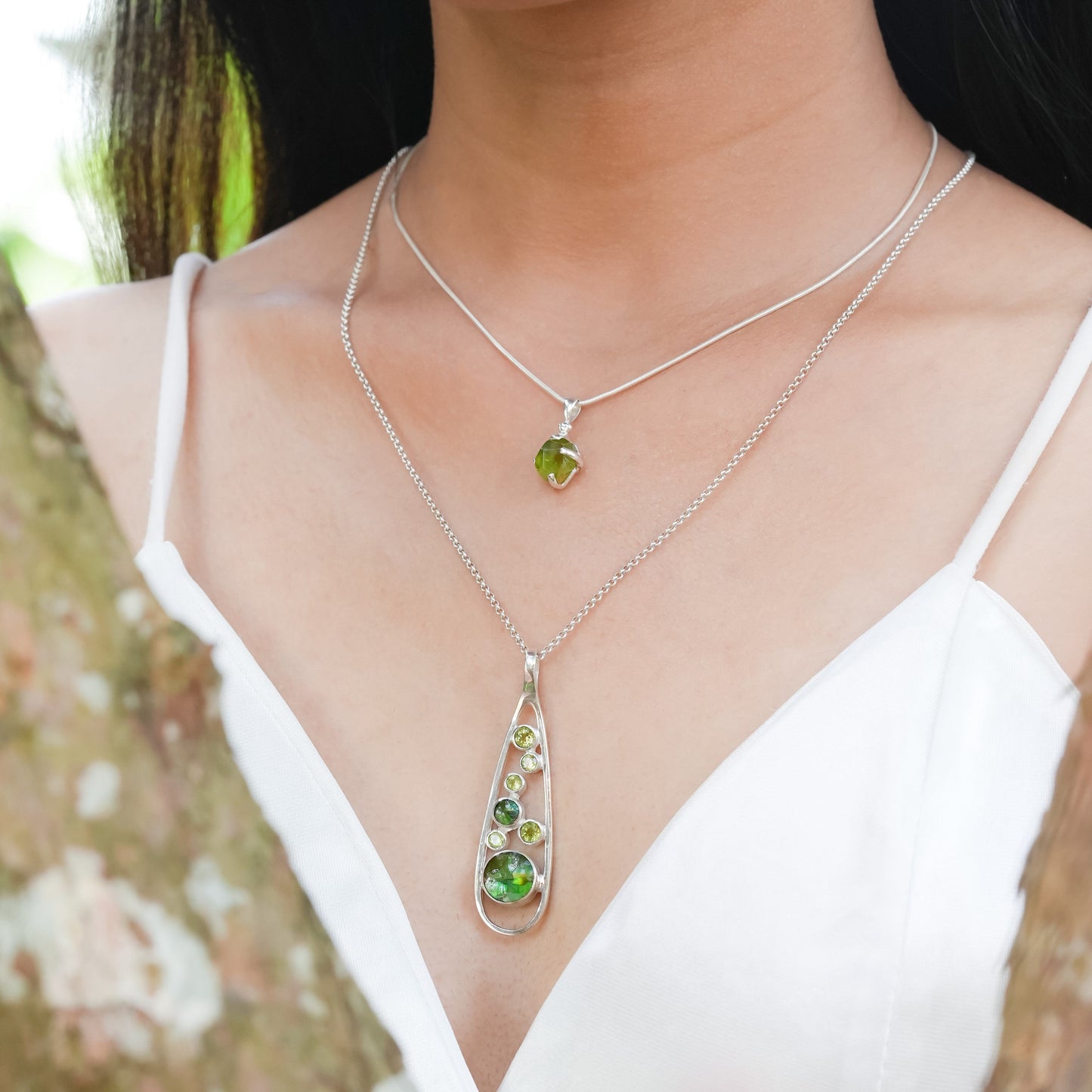 Starborn Mixed Green Ammolite and Peridot Teardrop Elongated Frame Pendant in Sterling Silver