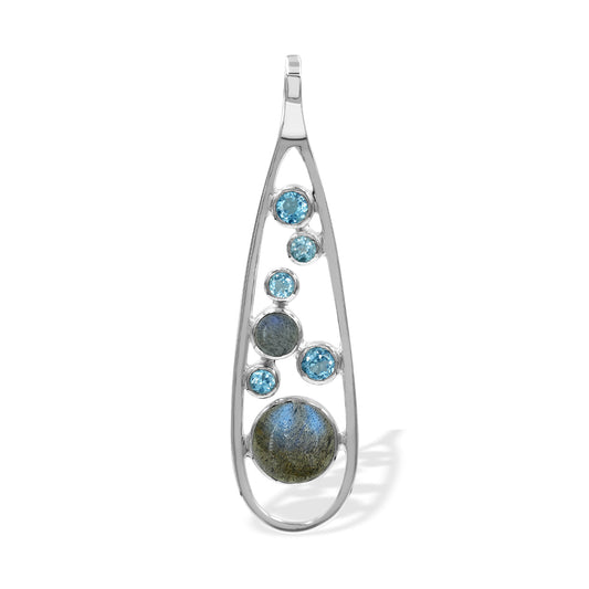 Starborn Mixed Labradorite and Blue Topaz Teardrop Elongated Frame Pendant in Sterling Silver