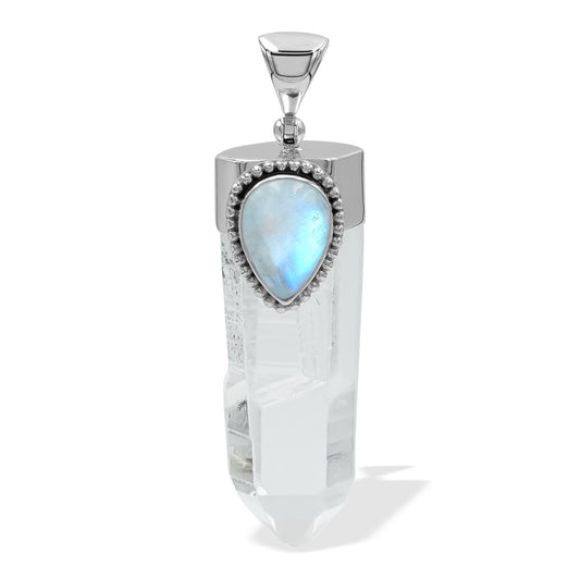 Starborn Quartz Crystal and Rainbow Moonstone Pendant in Sterling Silver