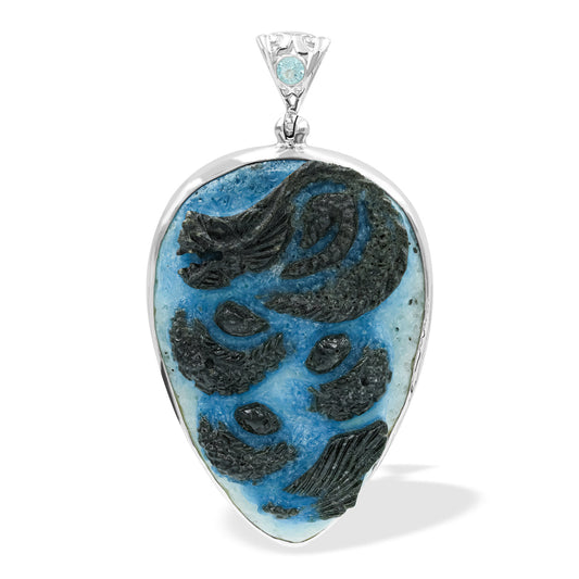 Starborn Carved Blue Ice Glacierite Dragon Pear Pendant in Sterling Silver
