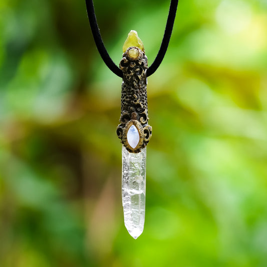Starborn Quartz Crystal Wand Pendant with Rainbow Moonstone and Rough Peridot