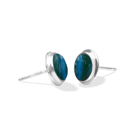 Starborn Peruvian Blue Opal Round 8mm Double Bezel Set Post Earrings in Sterling Silver