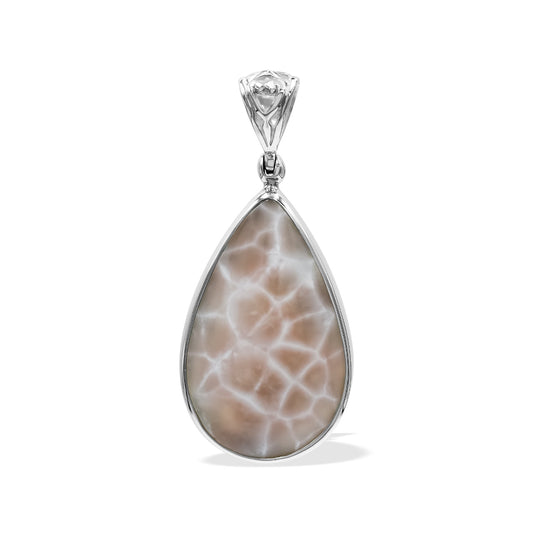 Starborn Pink Natrolite Pear Shaped Pendant in Sterling Silver with Filigree Bale