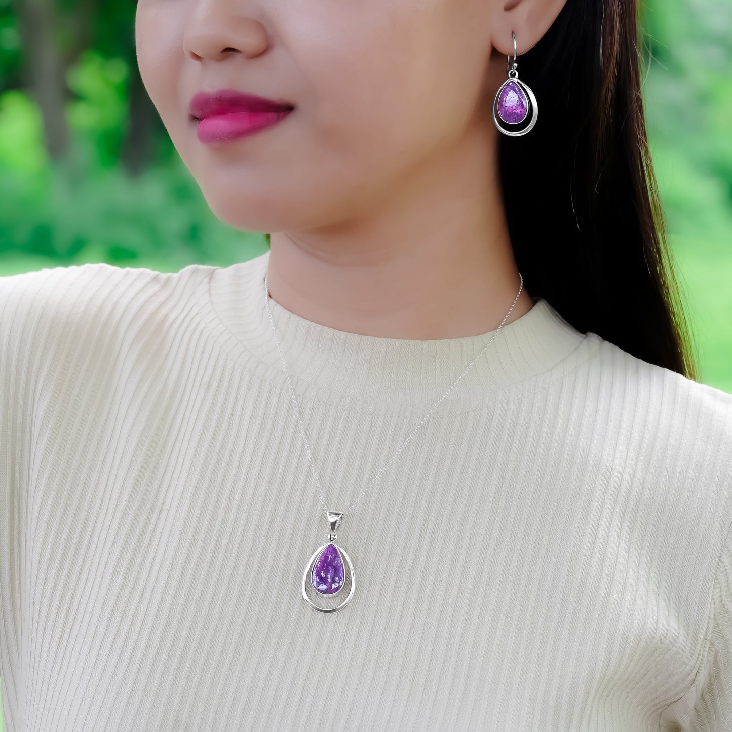 Starborn Purpurite Pear-Shaped Wire Frame Pendant and Earring Set in Sterling Silver