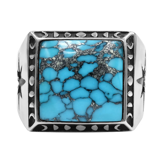 Starborn Stabilized Pressed Block Turquoise Square Men's Ring with Octagram in Sterling Silver