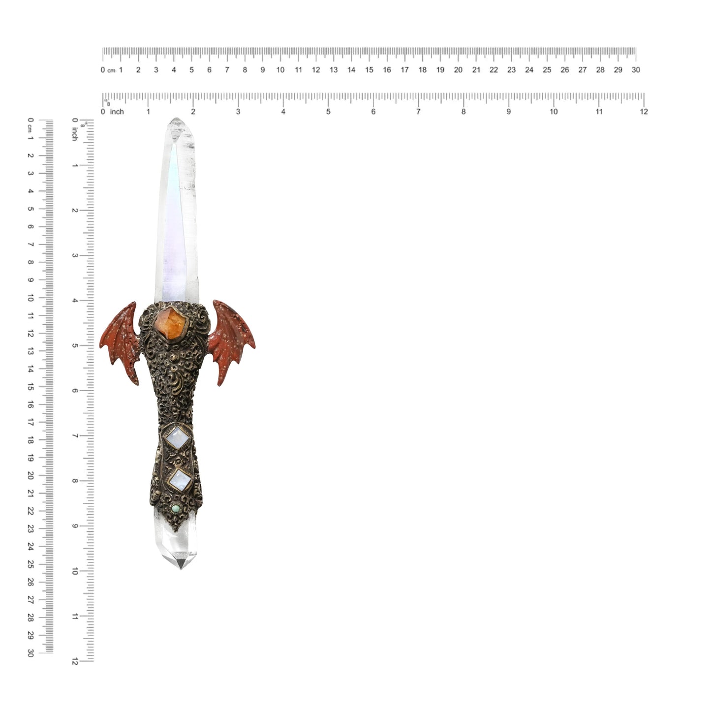 Starborn Angel Aura Quartz Crystal Wand with Red Jasper Wings and Decorative Gemstone Inlay Clay Handle