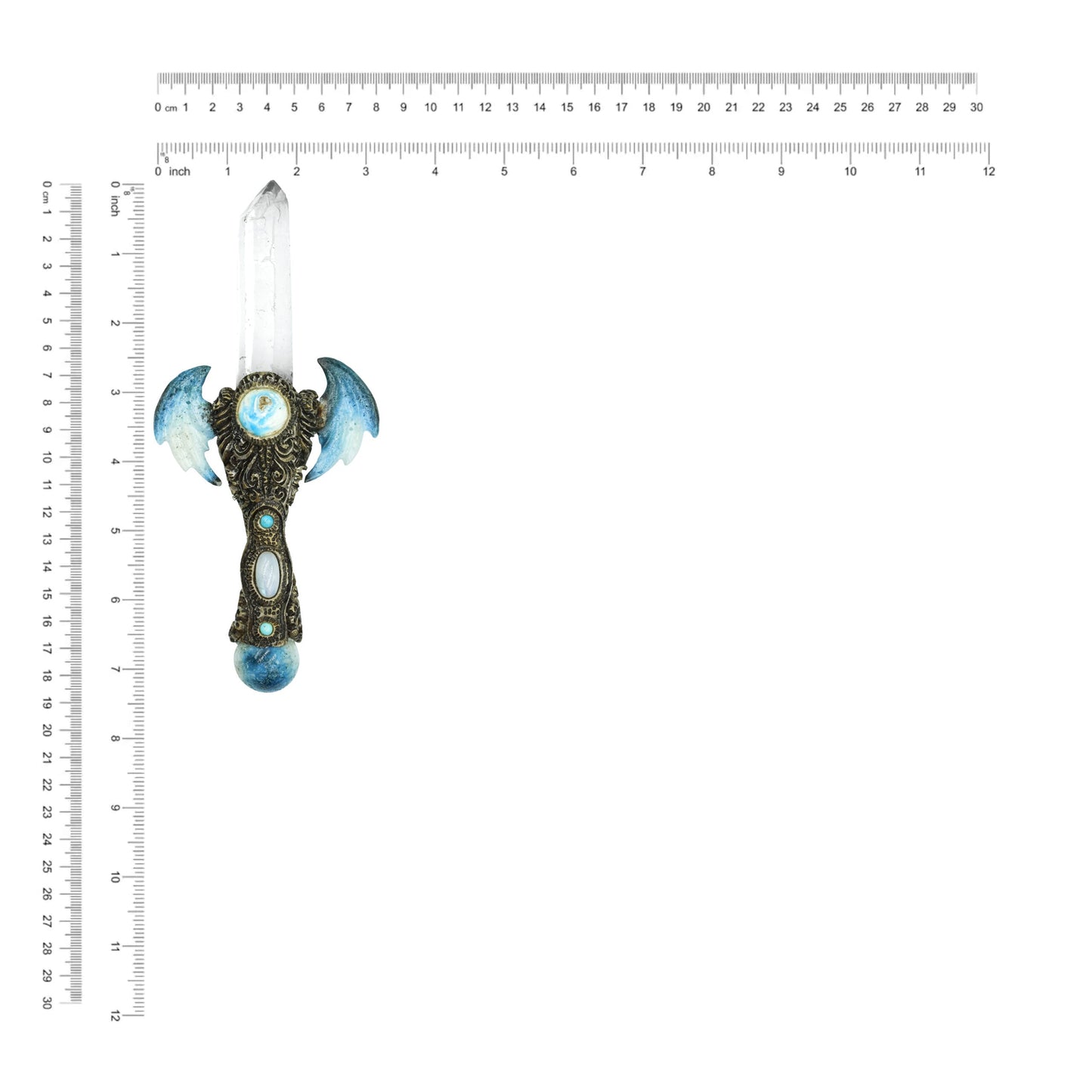 Starborn Quartz Crystal Wand with Blue Ice Glacierite Wings and Decorative Gemstone Inlay Clay Handle