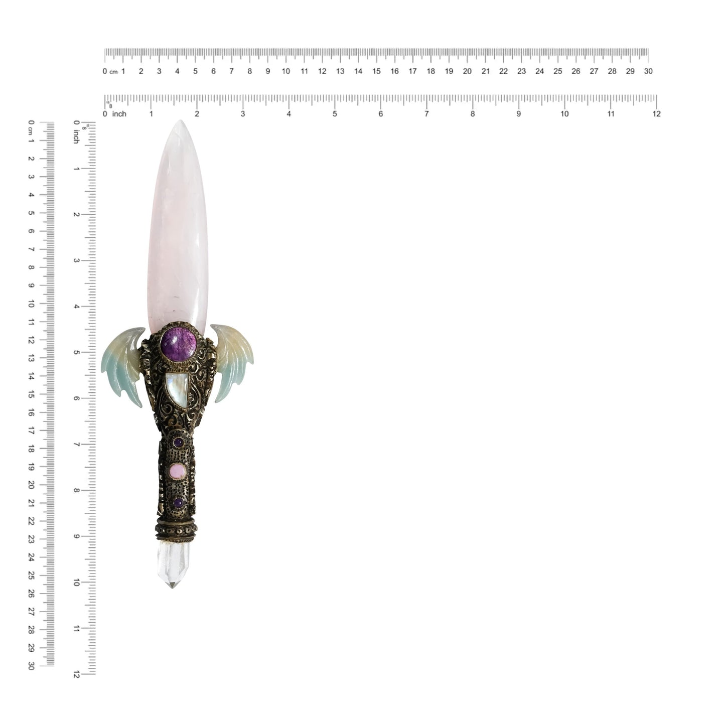 Starborn Rose Quartz Crystal Wand with Troilite Wings and Decorative Gemstone Inlay Clay Handle