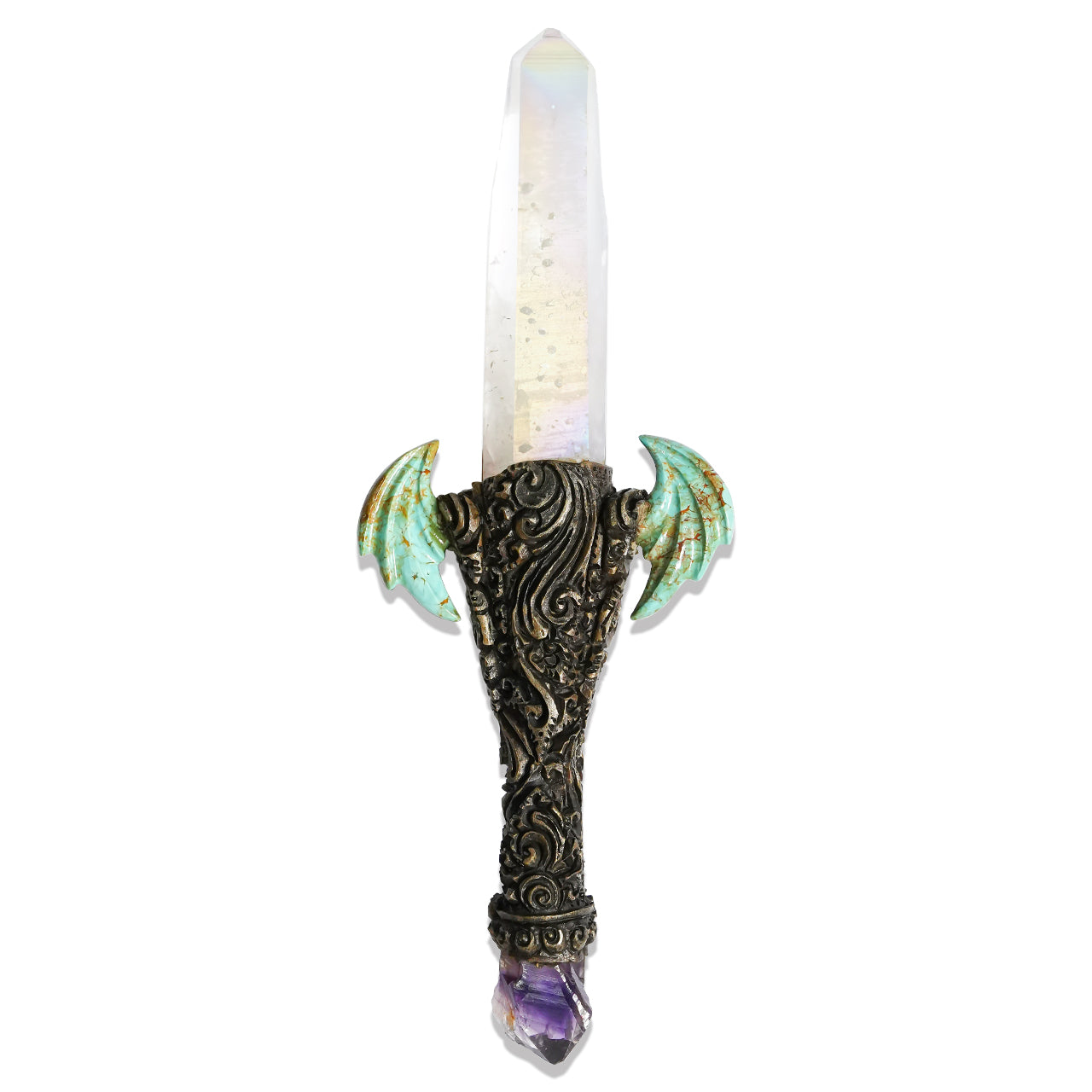 Starborn Angel Aura Quartz Crystal Wand with Turquoise Wings and Decorative Gemstone Inlay Clay Handle