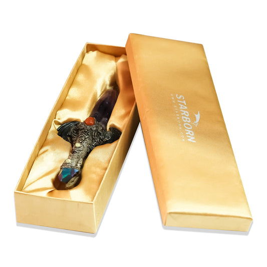 Starborn Chevron Amethyst Crystal Wand with Fossil Palm Wood Wings and Decorative Gemstone Inlay Clay Handle