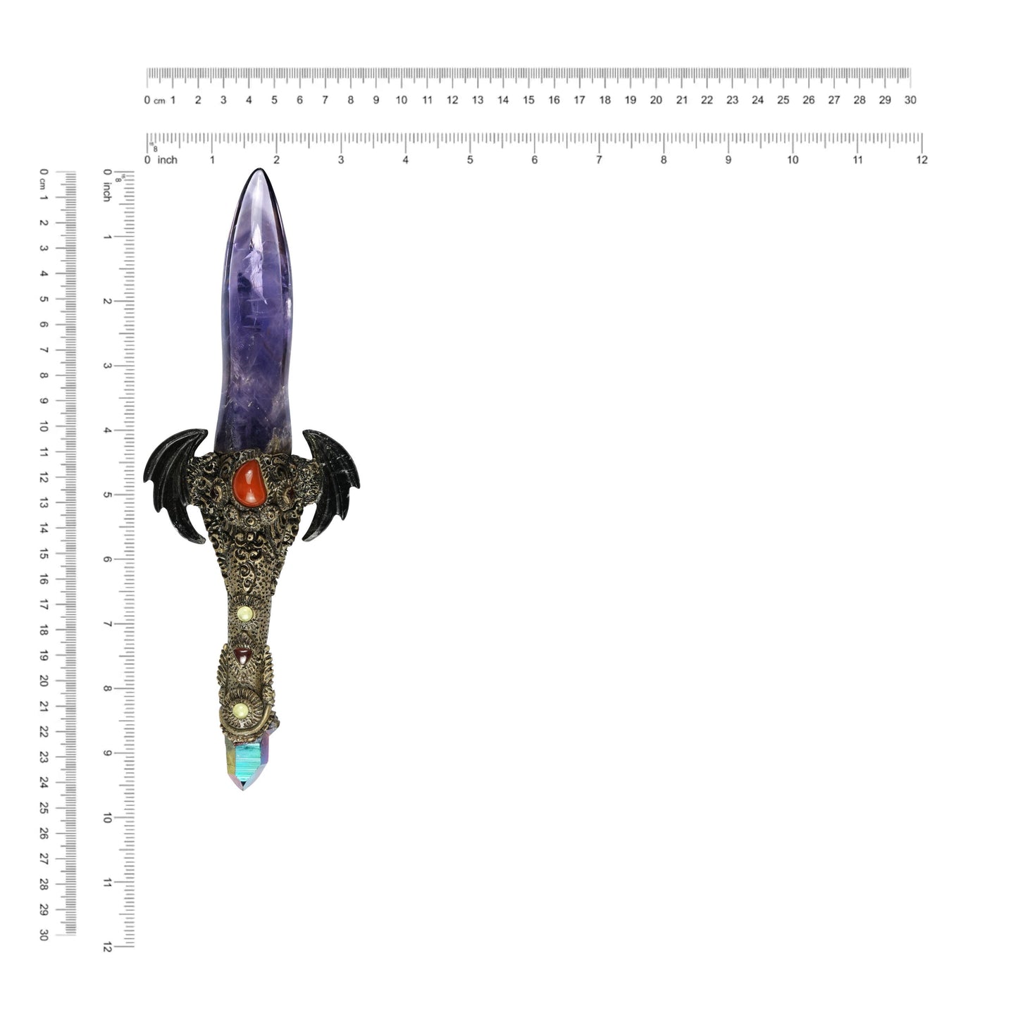 Starborn Chevron Amethyst Crystal Wand with Fossil Palm Wood Wings and Decorative Gemstone Inlay Clay Handle
