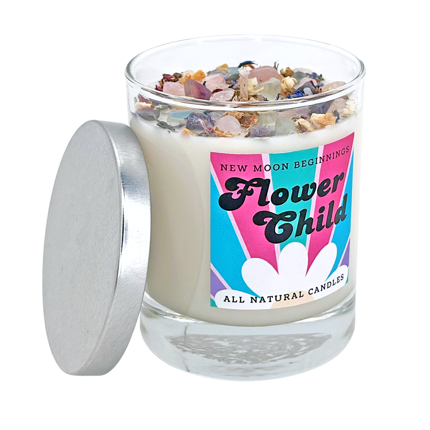 Flower Child Candle - Natural Crystal Candles - Soy Wax: 7.75oz Glass Jar
