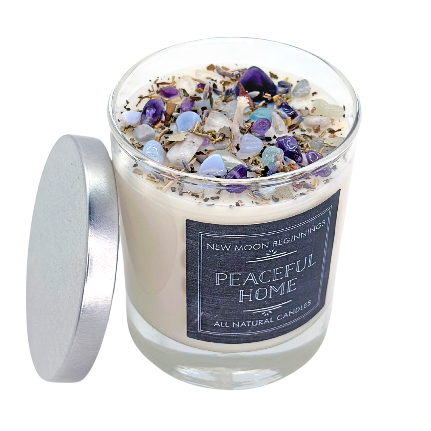 Peaceful Home Candle - Soy Candles - Herb & Crystal Candle: 7.75oz Glass Jar