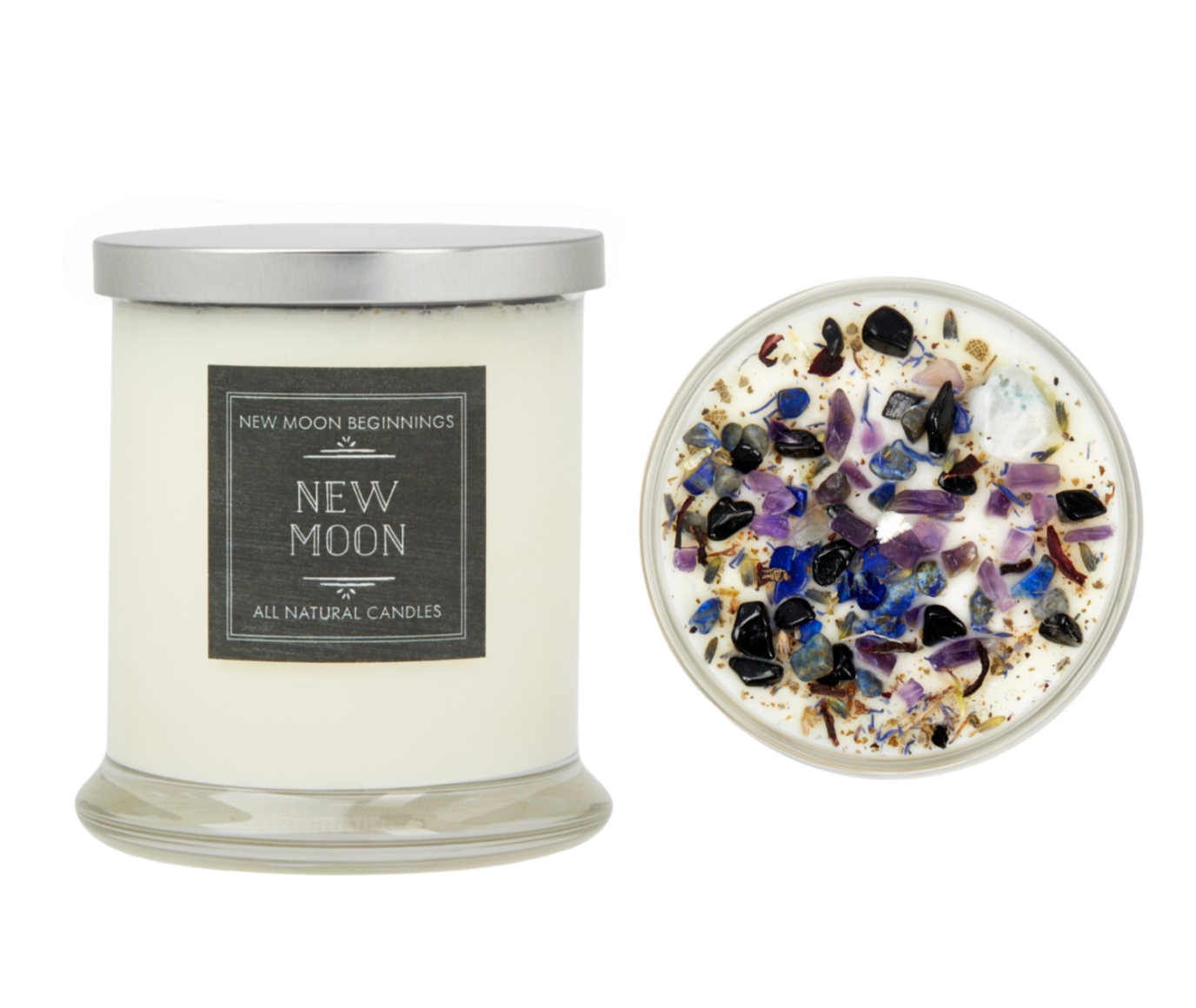 New Moon Candle - Dried Flower, Herb, & Crystal Candles: 7.75oz Round Glass