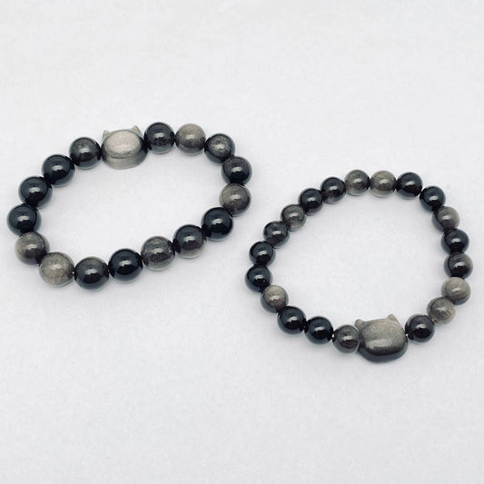 Silver Obsidian Beaded Cat Head Charm Elastic Bracelet - CS: 8mm