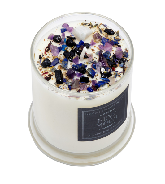 New Moon Candle - Dried Flower, Herb, & Crystal Candles: 7.75oz Round Glass