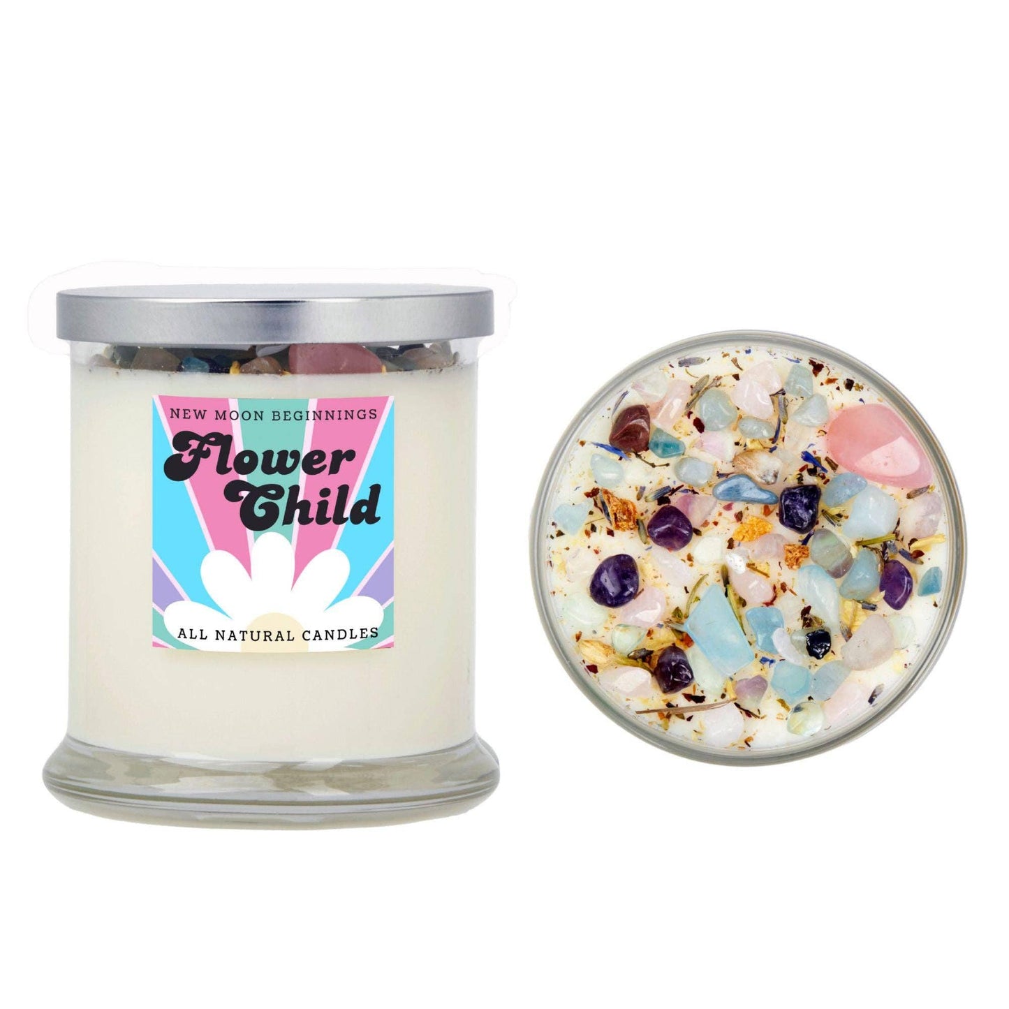Flower Child Candle - Natural Crystal Candles - Soy Wax: 7.75oz Glass Jar