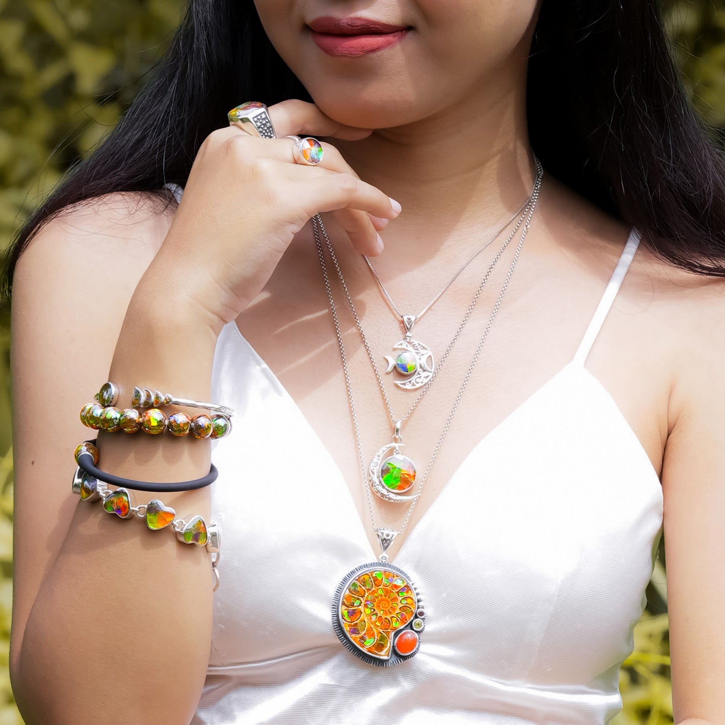 Starborn Faceted Ammolite Doublet with Crescent Moon Accent Pendant in Sterling Silver