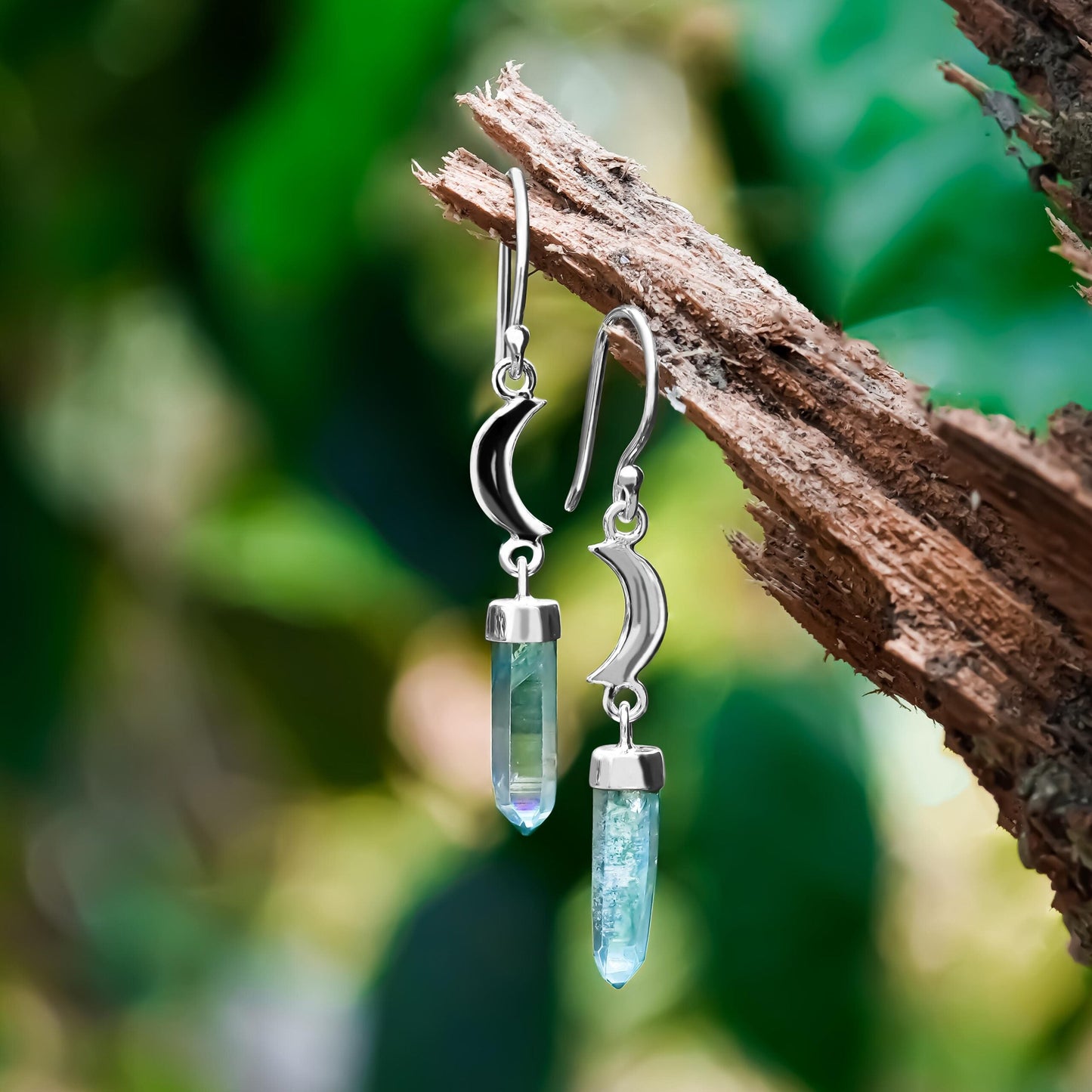 Starborn Aqua Aura Quartz Crystal with Silver Crescent Moon Accents Dangle Earring in Sterling Silver