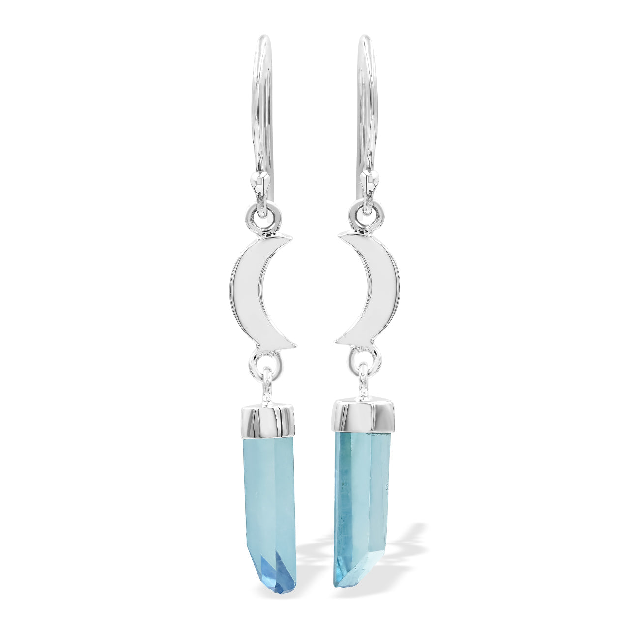 Starborn Aqua Aura Quartz Crystal with Silver Crescent Moon Accents Dangle Earring in Sterling Silver