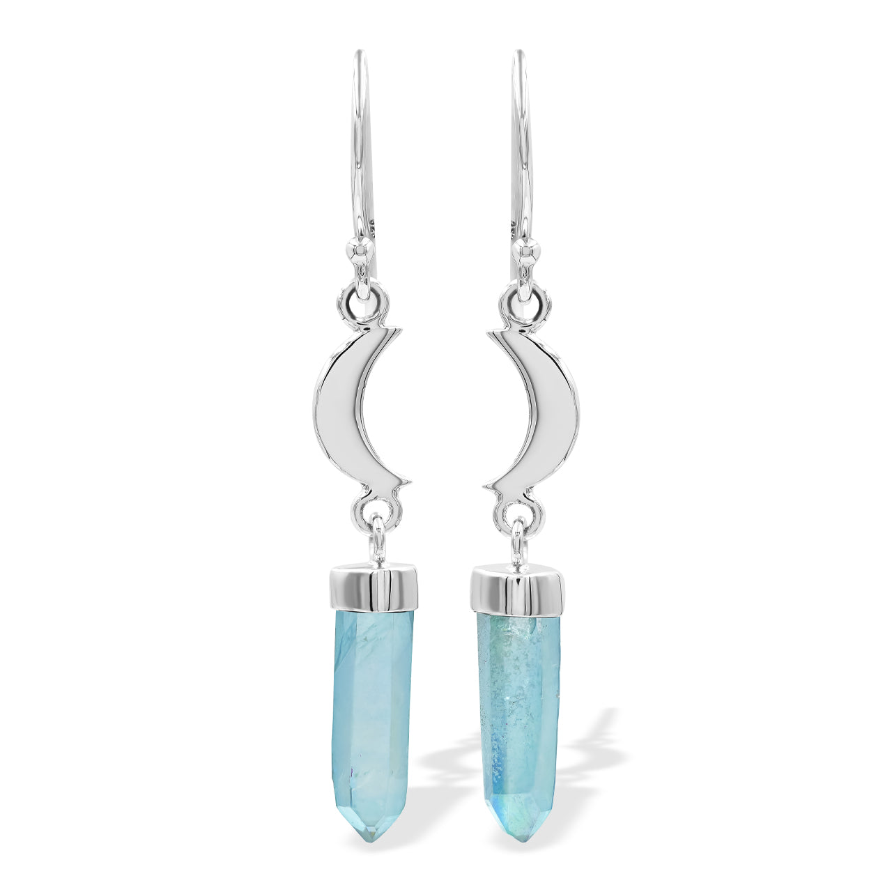 Starborn Aqua Aura Quartz Crystal with Silver Crescent Moon Accents Dangle Earring in Sterling Silver