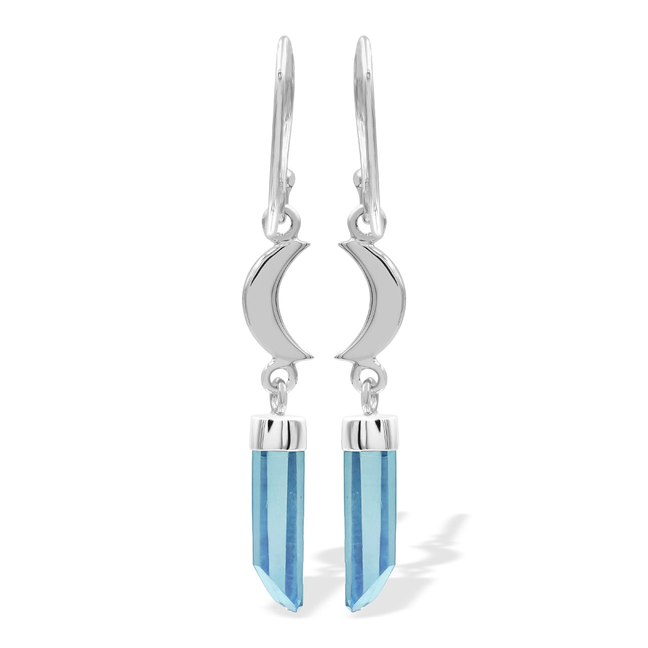 Starborn Aqua Aura Quartz Crystal with Silver Crescent Moon Accents Dangle Earring in Sterling Silver