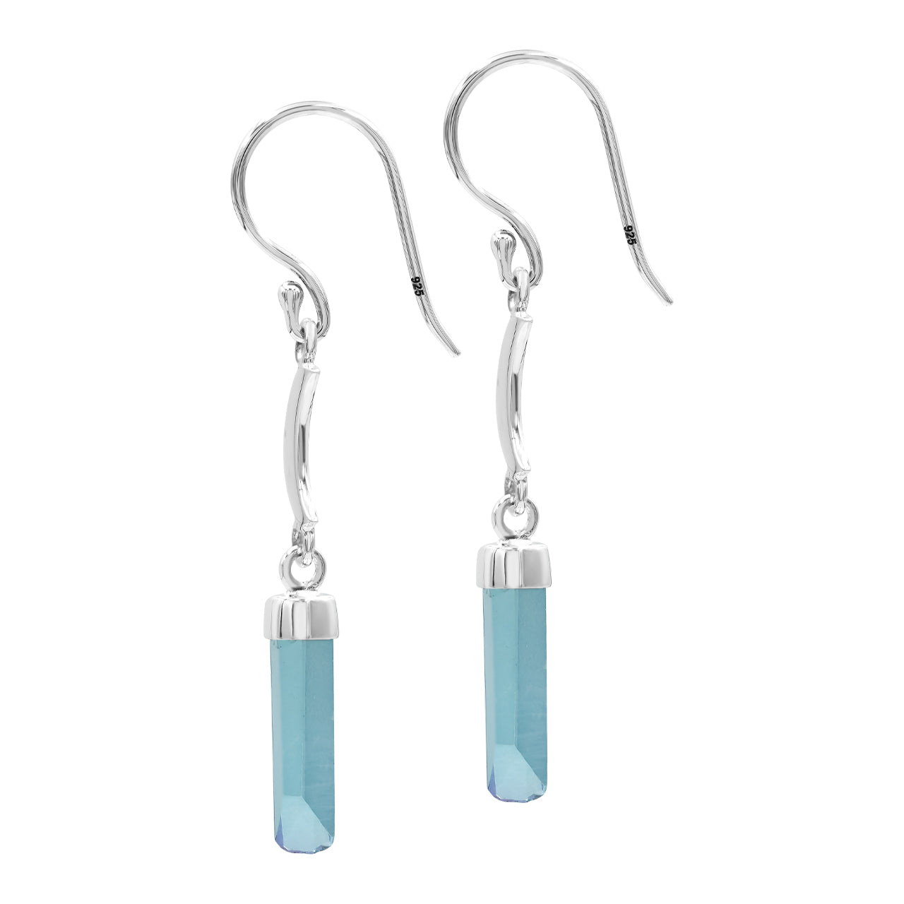 Starborn Aqua Aura Quartz Crystal with Silver Crescent Moon Accents Dangle Earring in Sterling Silver