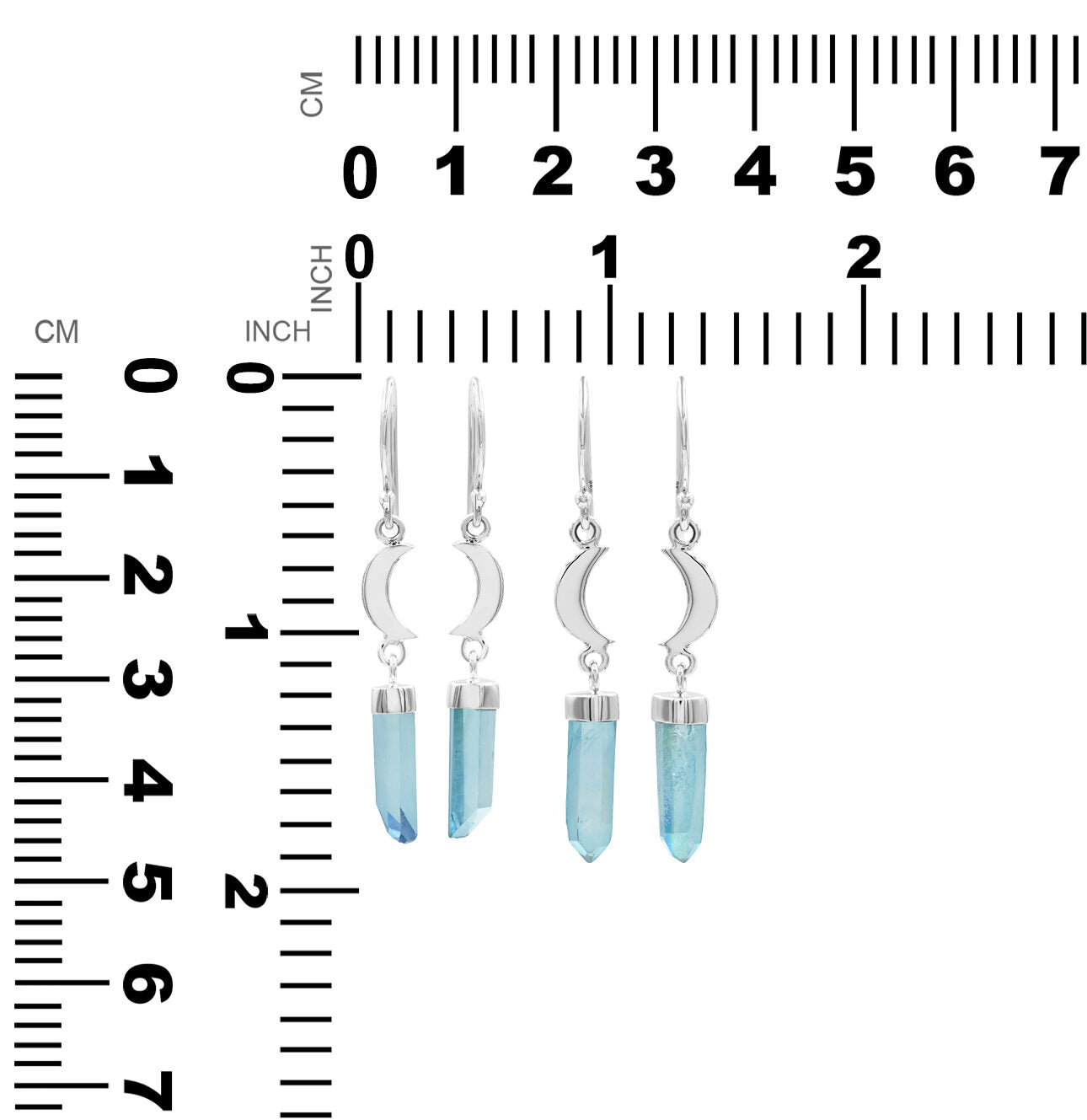 Starborn Aqua Aura Quartz Crystal with Silver Crescent Moon Accents Dangle Earring in Sterling Silver