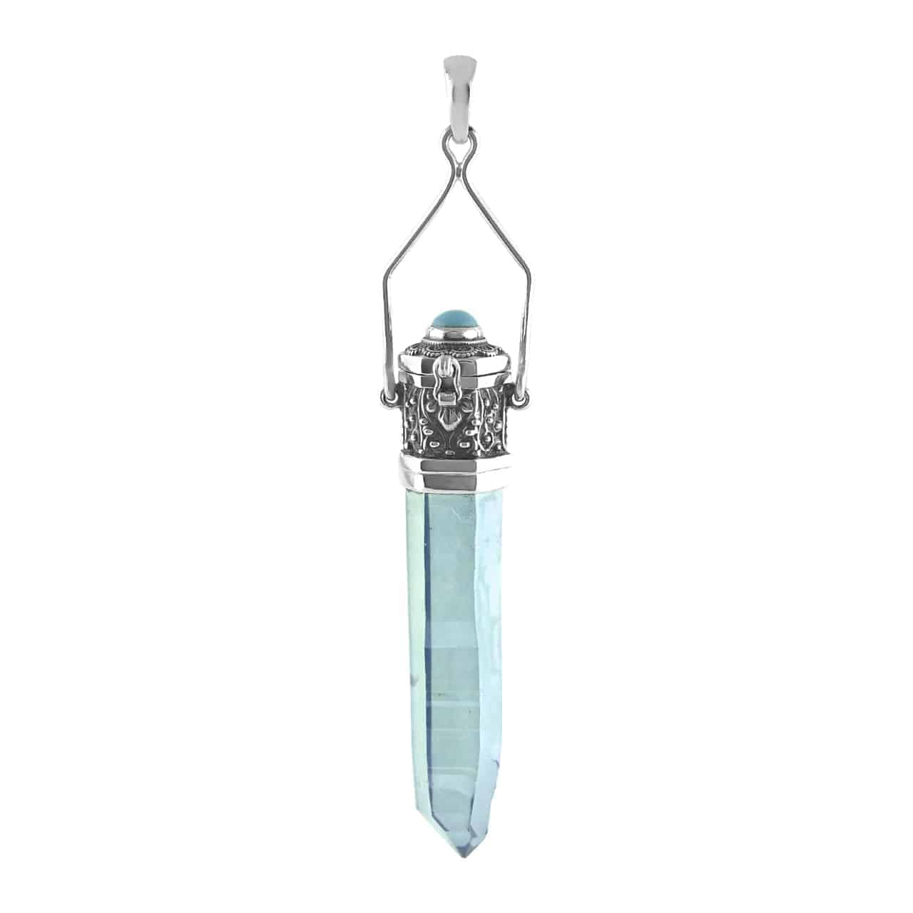 Starborn Aqua Aura Crystal Pill Box Pendant in Sterling Silver