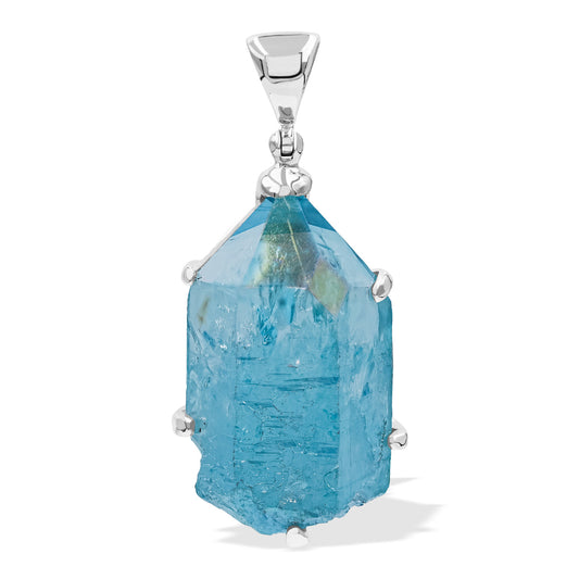 Starborn Aqua Aura Quartz Crystal Prong Set Pendant in Sterling Silver