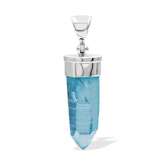 Starborn Aqua Aura Quartz Crystal Cap Set Pendant in Sterling Silver