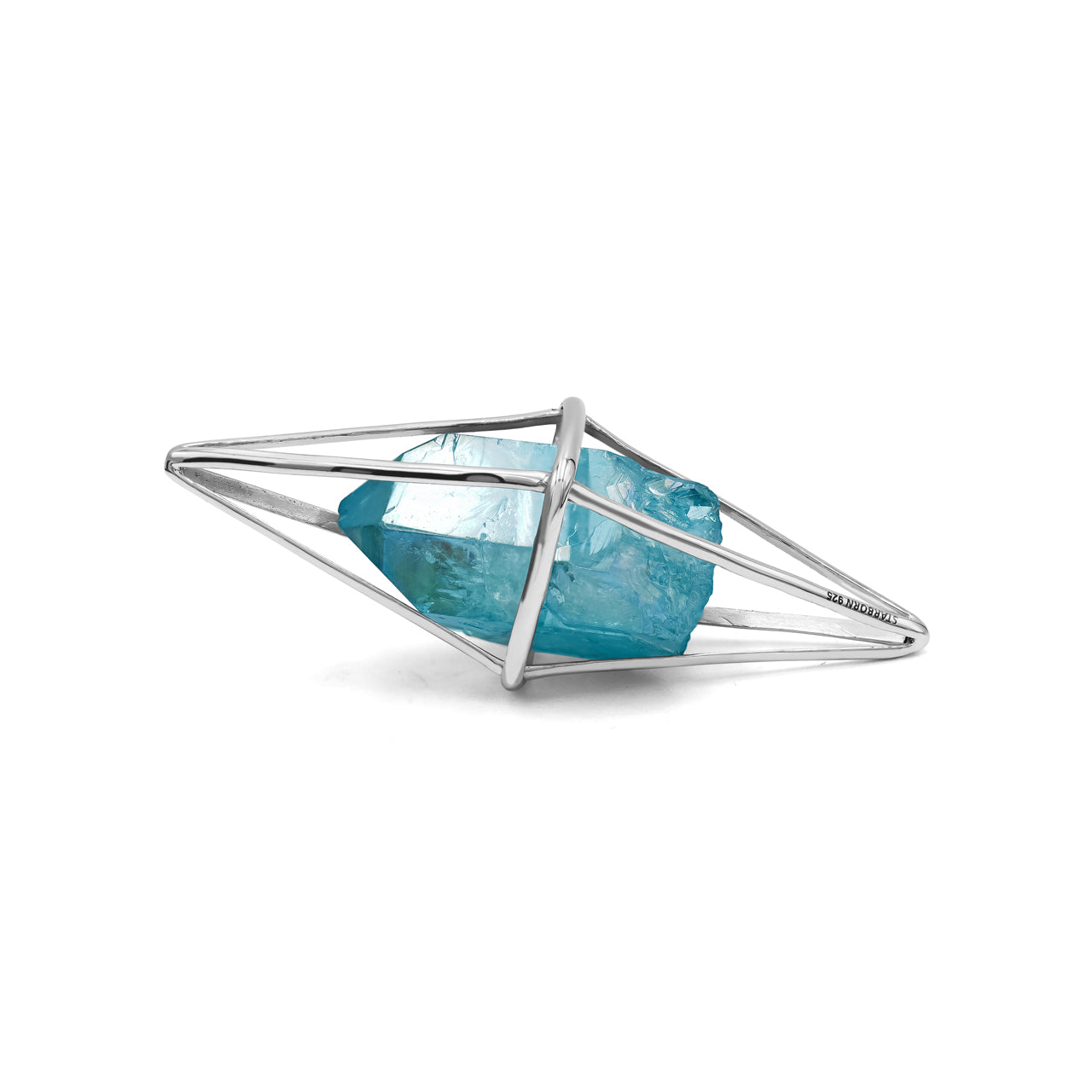 Starborn Aqua Aura Quartz Crystal Flame Cage Pendant in Sterling Silver