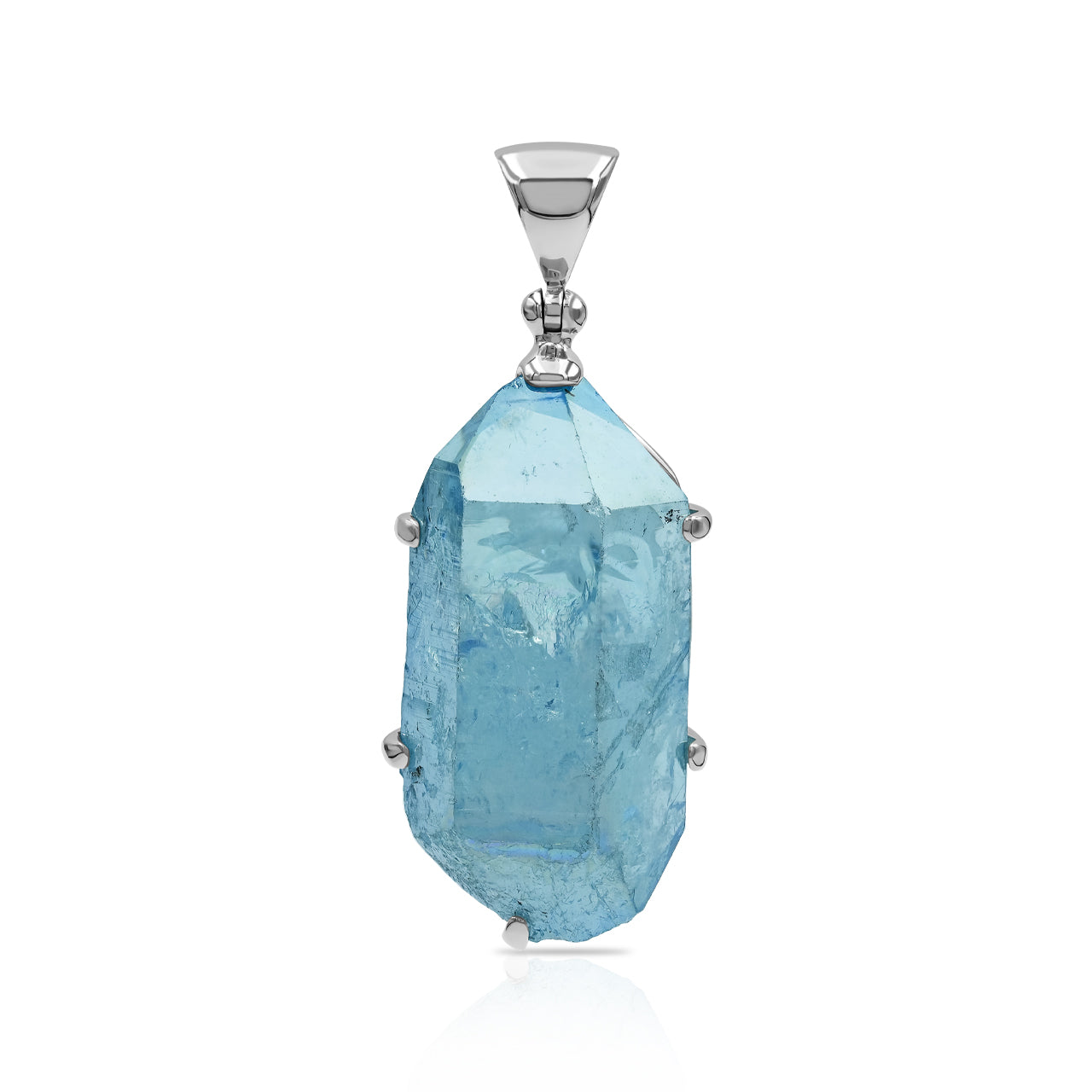 Starborn Aqua Aura Quartz Crystal Prong Set Pendant in Sterling Silver - Large