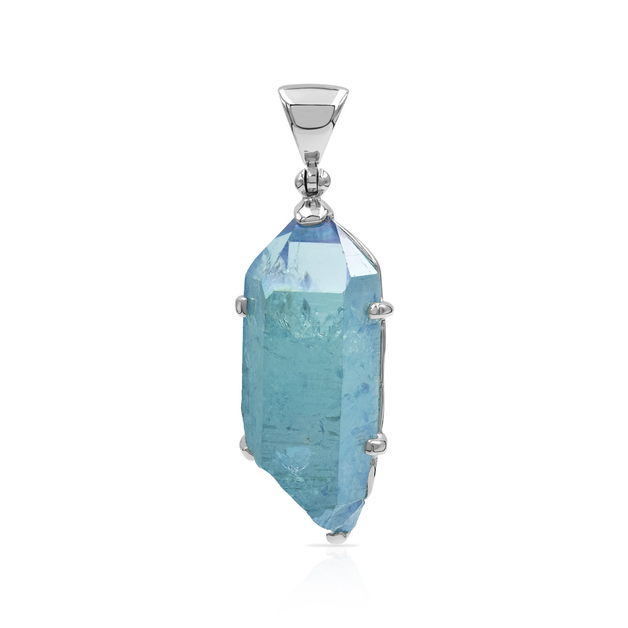 Starborn Aqua Aura Quartz Crystal Prong Set Pendant in Sterling Silver - Large