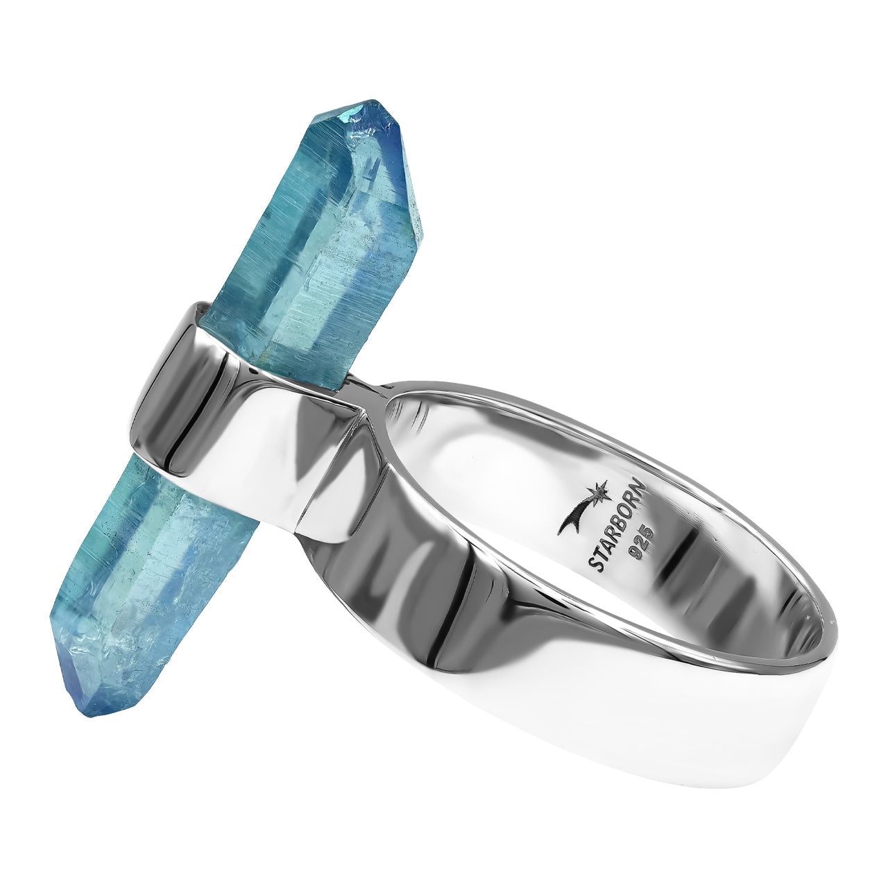 Starborn Aqua Aura Quartz Crystal with Silver Band Ring in Sterling Silver